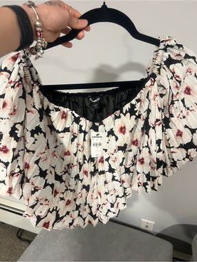 Express Black & White Floral Off-Shoulder Crop Top with Pink Accents